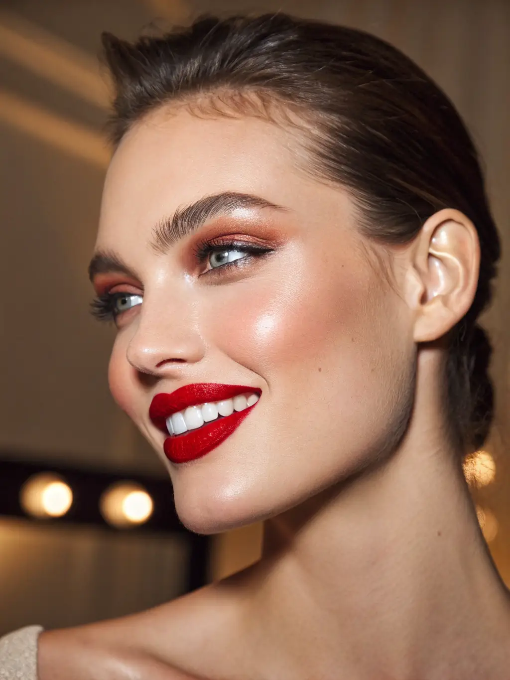 A woman confidently posing with a bold red lipstick, showcasing a classic and timeless beauty statement, promoted by GlowGals.